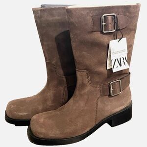 Zara Women's Brown Taupe Suede Buckle Combat Boots Size 10
